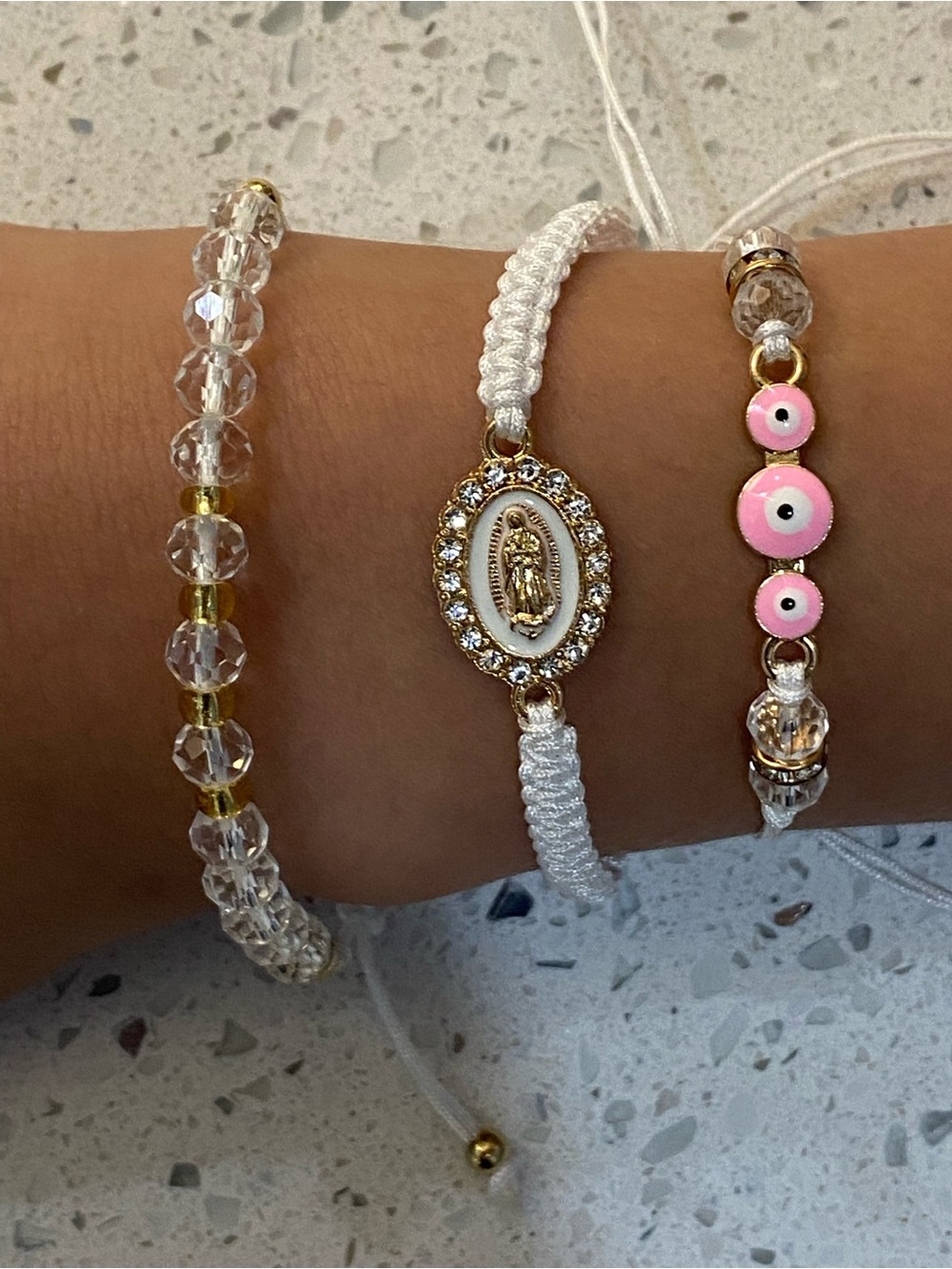 4pc White Pink  Protection Bracelet Set - Evil Eye & Virgen de Guadalupe
